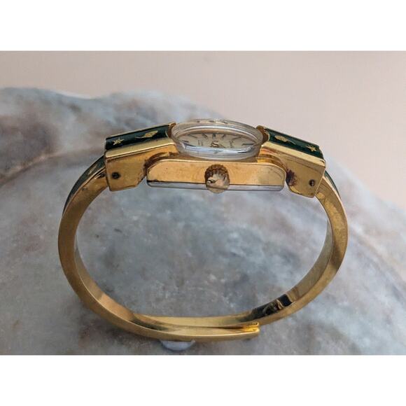 Vintage Chandler Gold Tone Manual Watch Deep Green Enamel Gold Stars & Acorns - Picture 3 of 9